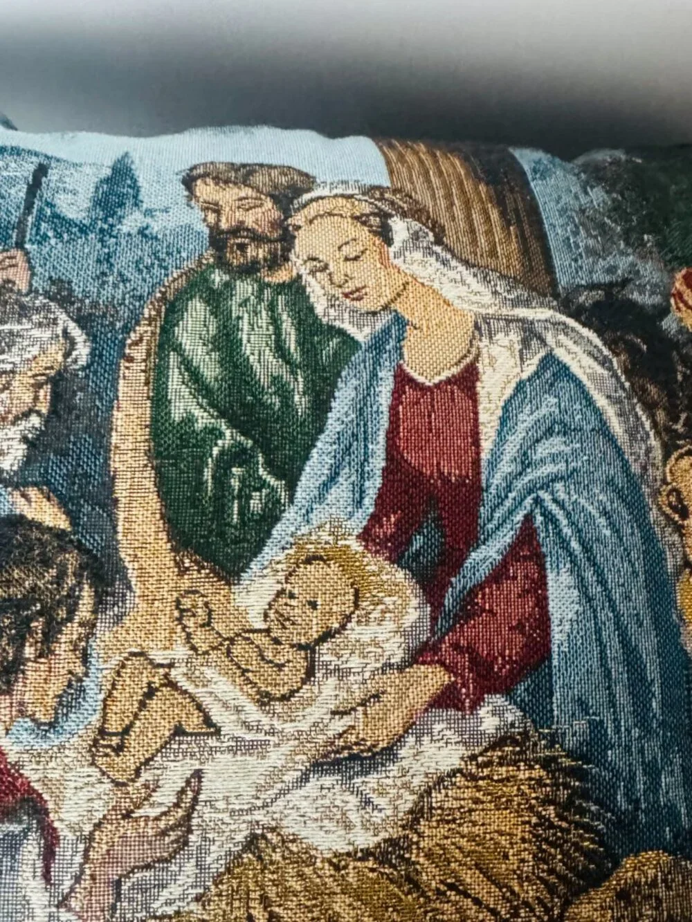 Sue Allison Nativity Scene Christmas Tapestry Throw Pillow 16x16